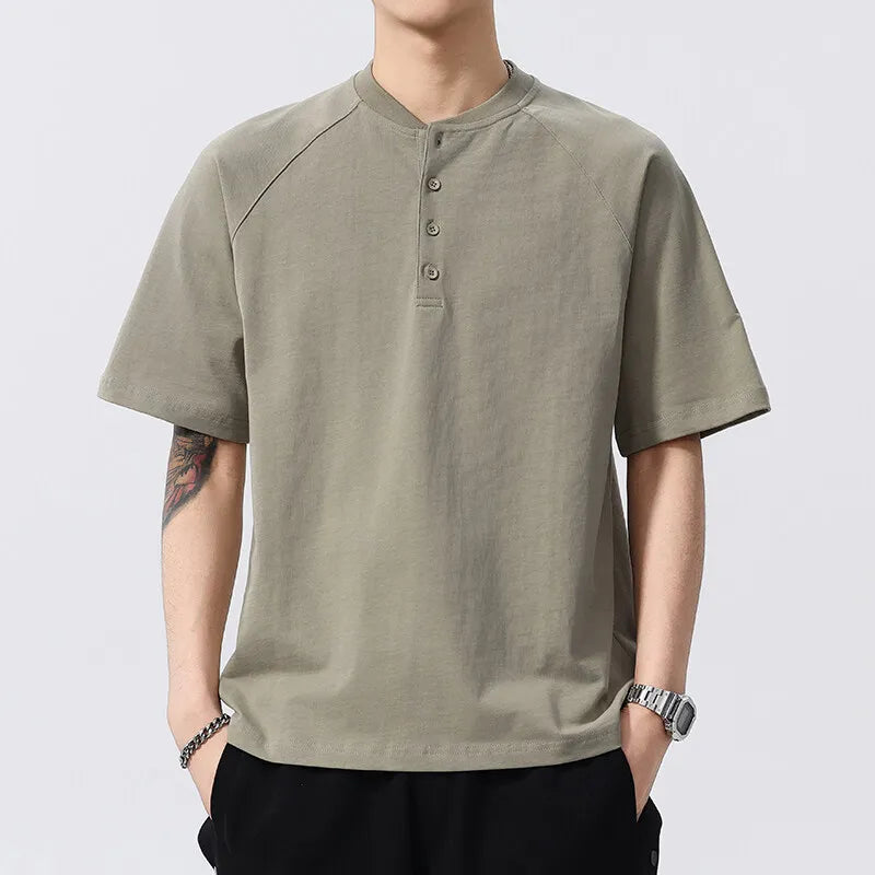 Men's Summer Henry Collar Short Sleeve Cotton Loose Casual Pullover Breathable T-Shirt