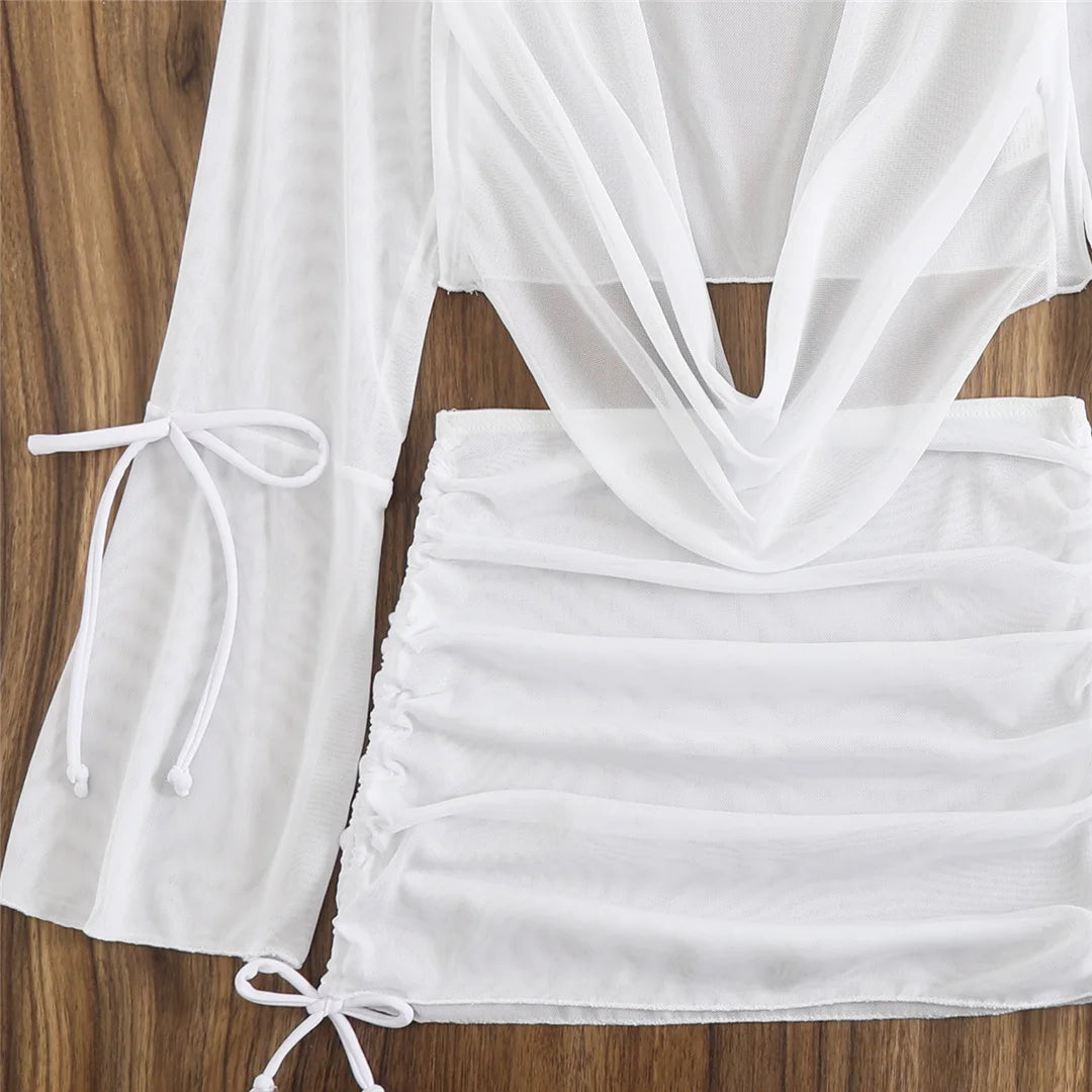 Women's Long Sleeve Cover Up Skirt Halter Bikini Swimsuit Swimwear Four-pieces Bikini Set