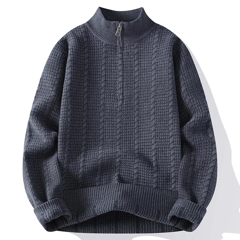 Men's Stand Collar Knitted Sweater - Loose Fit Solid Colour Pullover for Autumn Winter