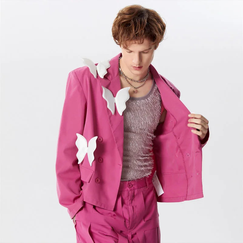 Men's Blazer Patchwork Lapel Long Sleeve Double Breasted Loose Jacket