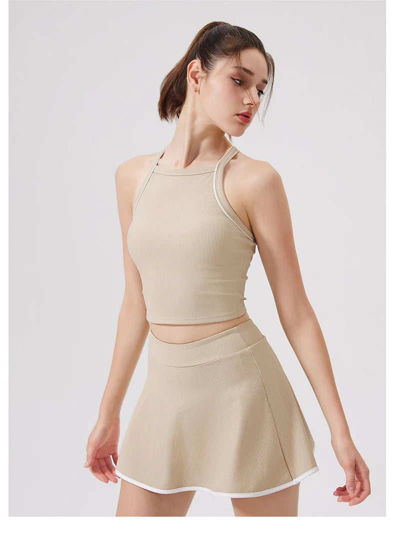 Women's Two-Piece Fitness Set - Yoga Top & Skort with Built-in Shorts