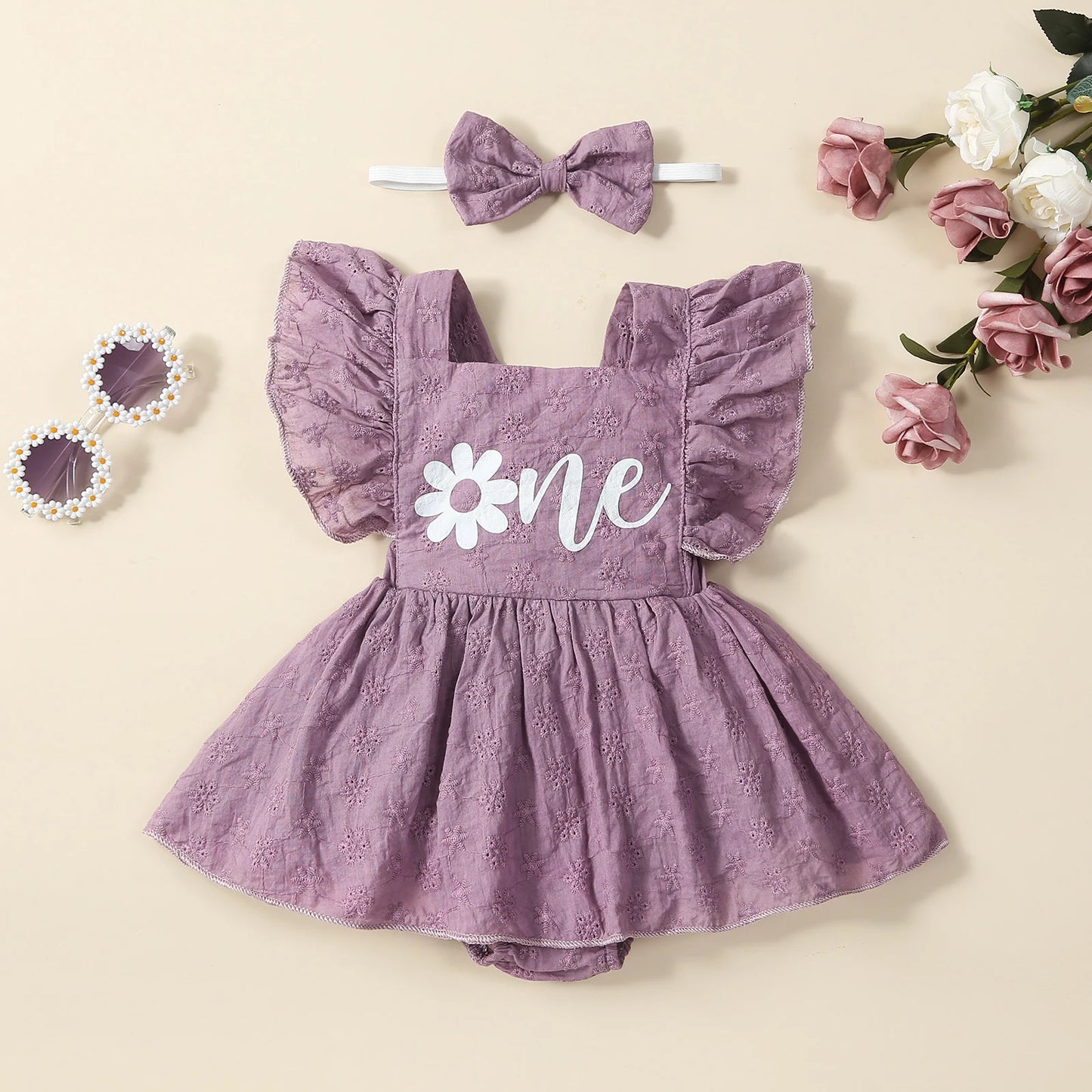 0-18M Infant Baby Girl  Romper 2pcs Flower Letter Print Flying Sleeve Birthday Jumpsuits and  Bow Headband