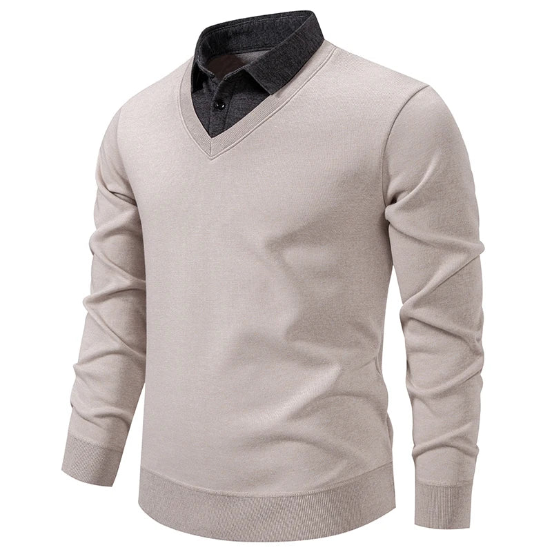 Men's Fake Two-Piece Knitted Pullover - Slim Fit Turn Down Collar Sweater