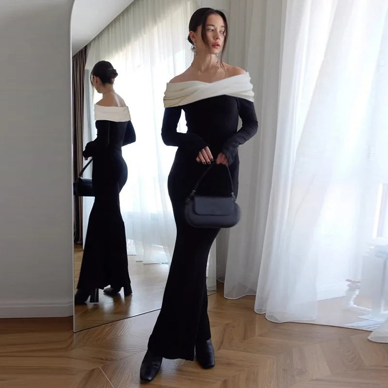 Women's Off-Shoulder Long High Waist Elegant Gown Long Sleeve Splice Bodycon Dress