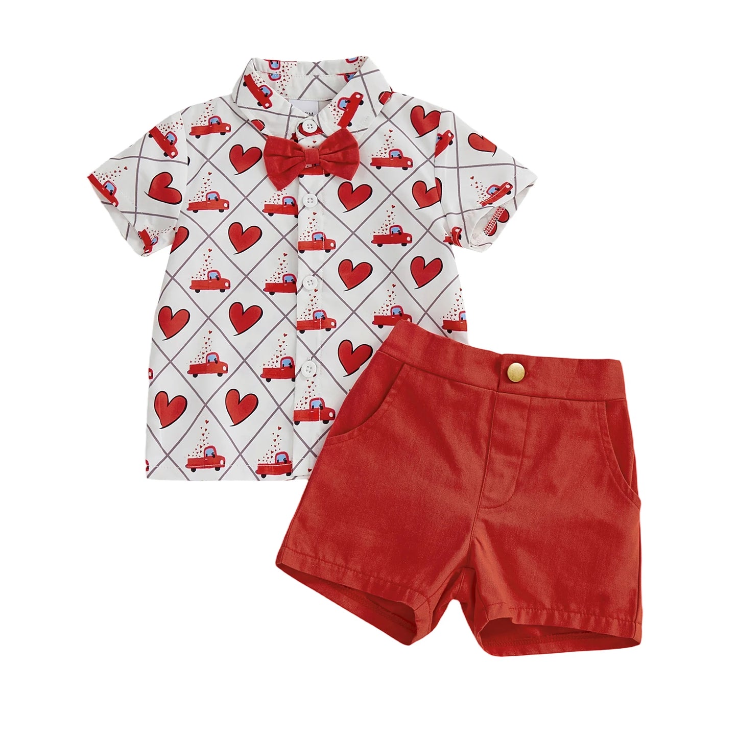 Valentine's Day Baby Boy Outfit Set - Heart Print Bowtie Shirt & Solid Shorts