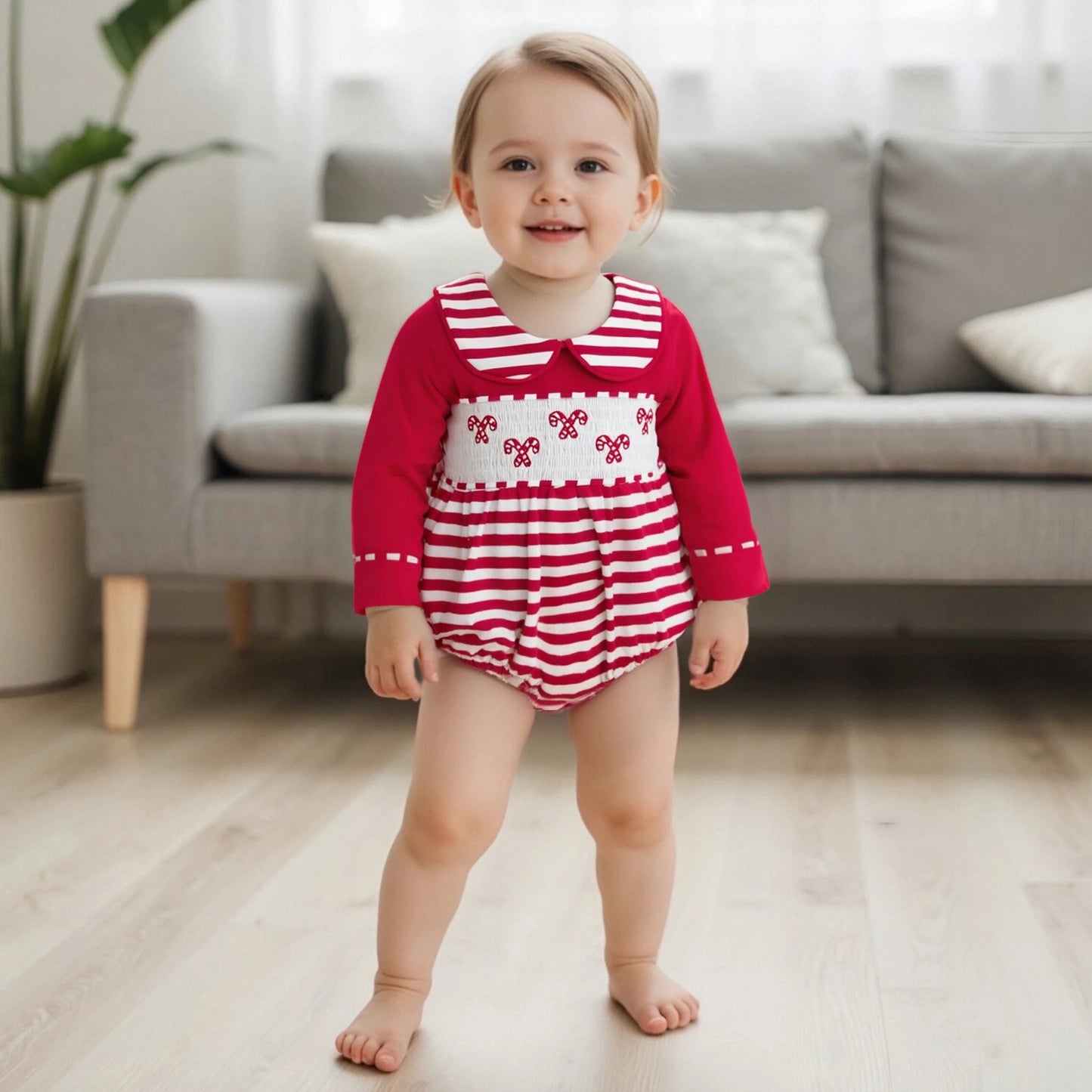Baby Christmas Romper - Candy Cane Embroidery Long Sleeve Smocked Striped Jumpsuit