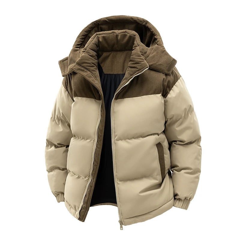 Men's Parkas Patchwork Corduroy Hooded Warm Outerwear Jacket