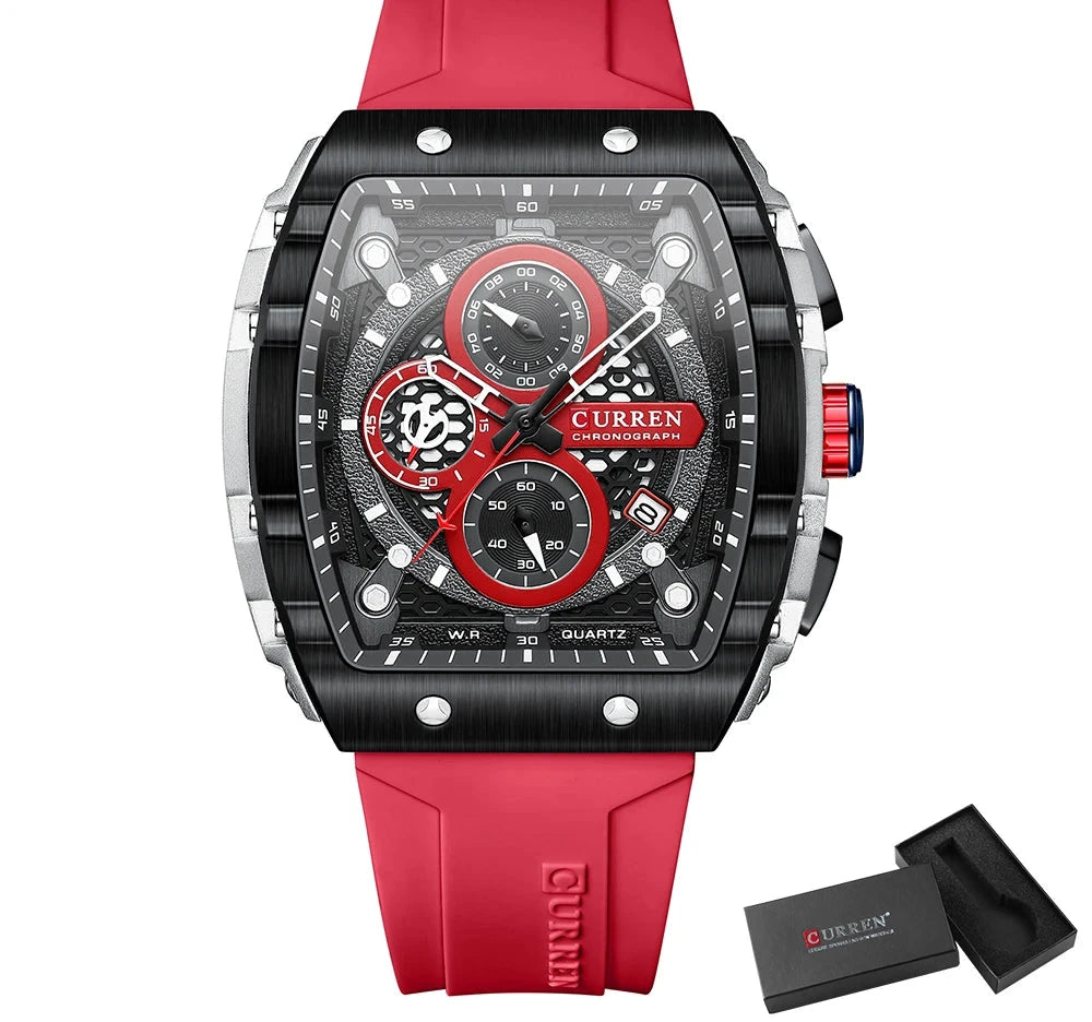 Tonneau Dial Sport Watch - Waterproof Quartz with Auto Date & Yellow Silicone Strap