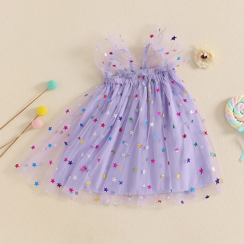 0-4YBaby Girls Summer Dress Glitter Star/Flower Print Fly Sleeve Square Neck Mesh Tulle Summer Dressress