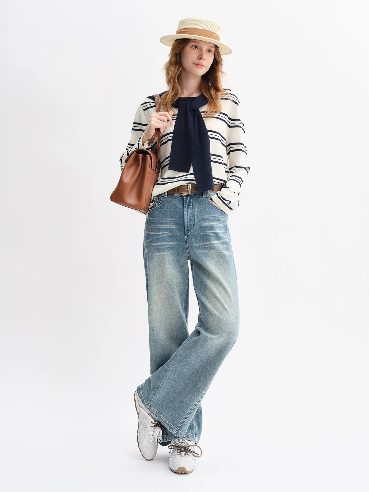 Plus Size Retro Washed Blue Straight Jeans - High Waist Wide Leg Design