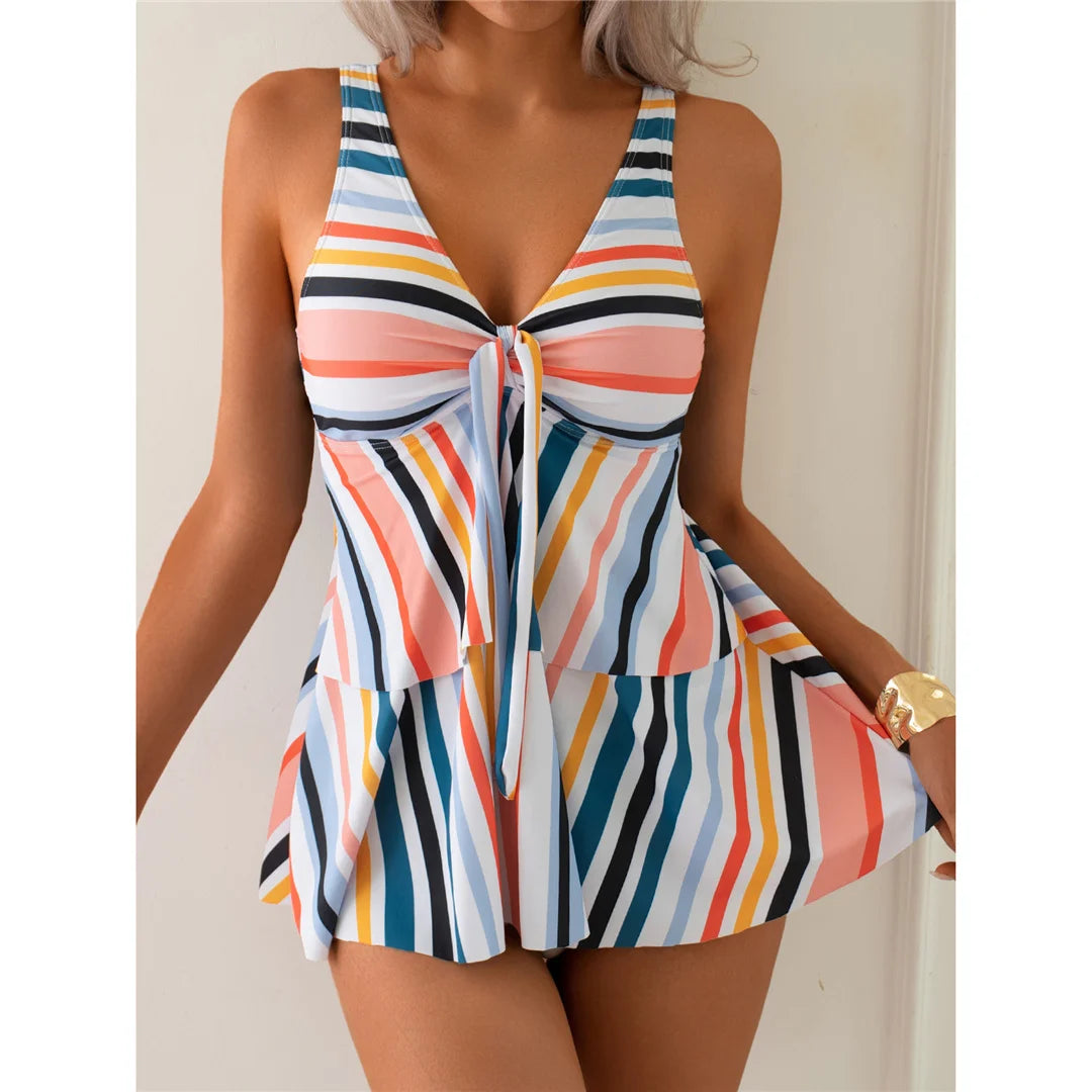 Women's Rainbow Stripe V-Neck Bikini Set - Padded Two-Piece