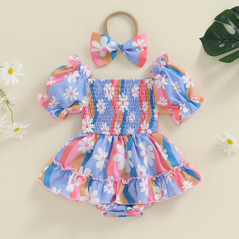 0-18M Baby Girls Summer Sweet Romper Dress Short Sleeve Elastic Neckline Sunflowers Print Jumpsuits with Headband