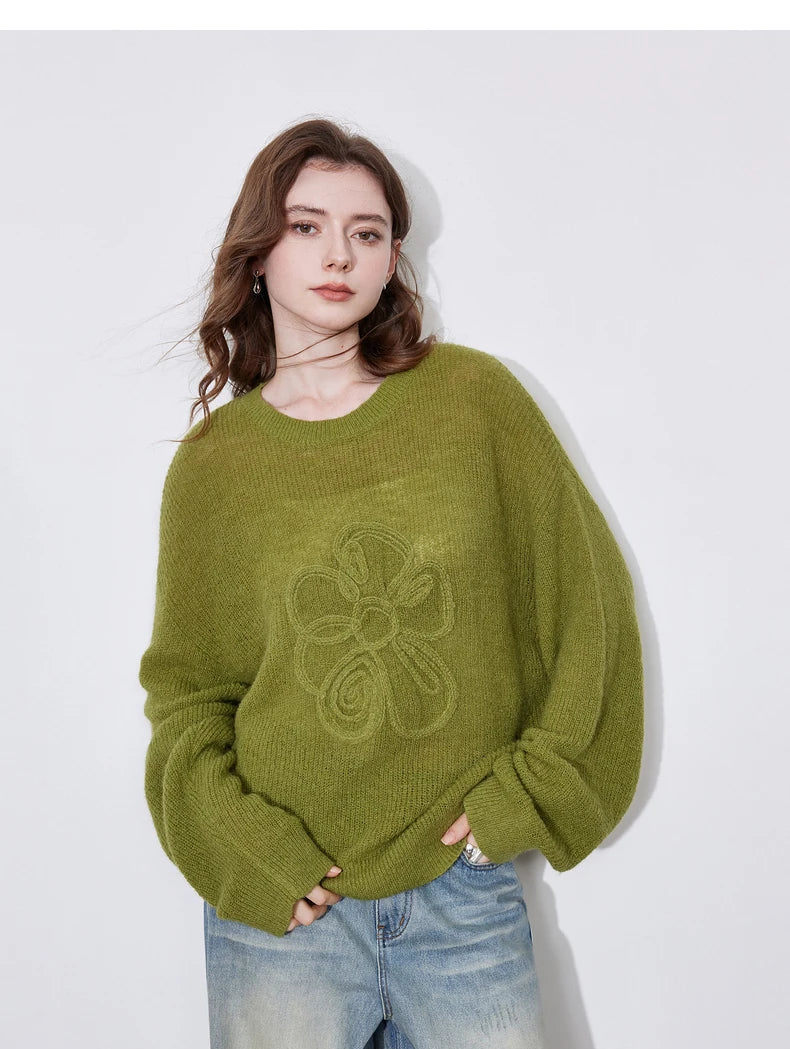 Women Knitted Flower Pattern Horse Hairy Long Sleeve Lazy Style Pullover Sweater