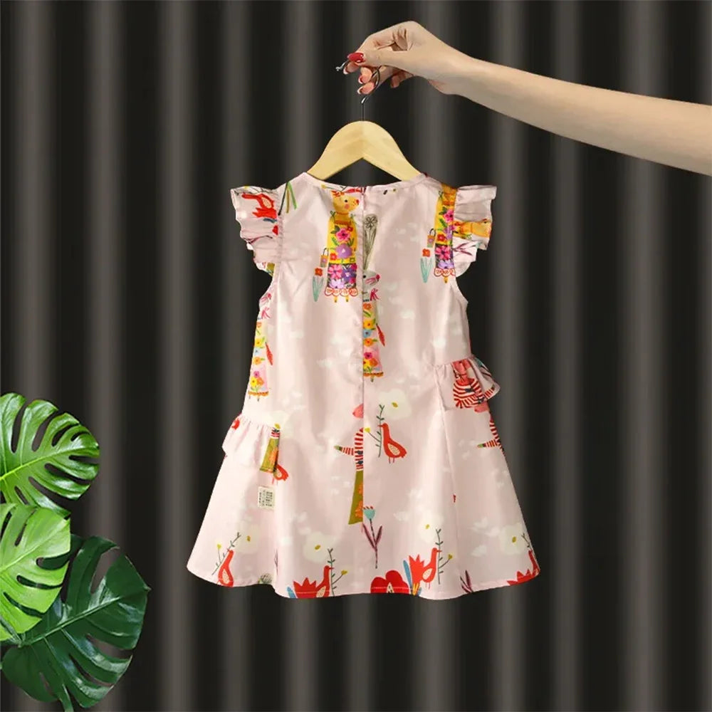 Girls'  Round Neck Flying Sleeve Flower Print Dress