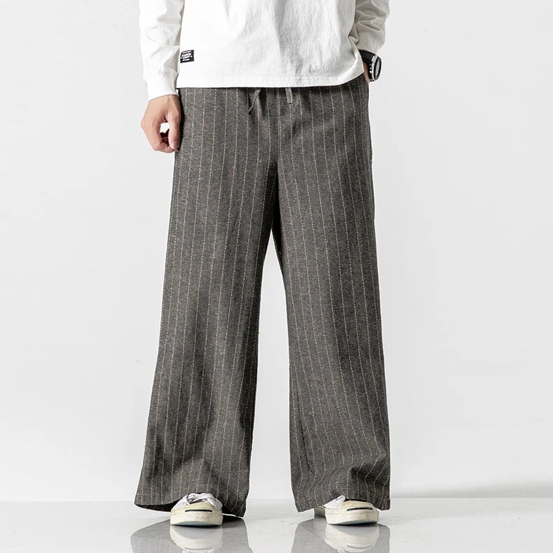 Men's Cotton Linen Wide Leg Pants Stripe Loose Harem Vintage Straight Casual Trousers