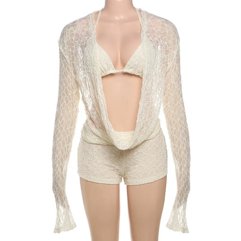 Women's Halter Draped 3 Piece Beach Set - Bikini with Long Sleeve Cover