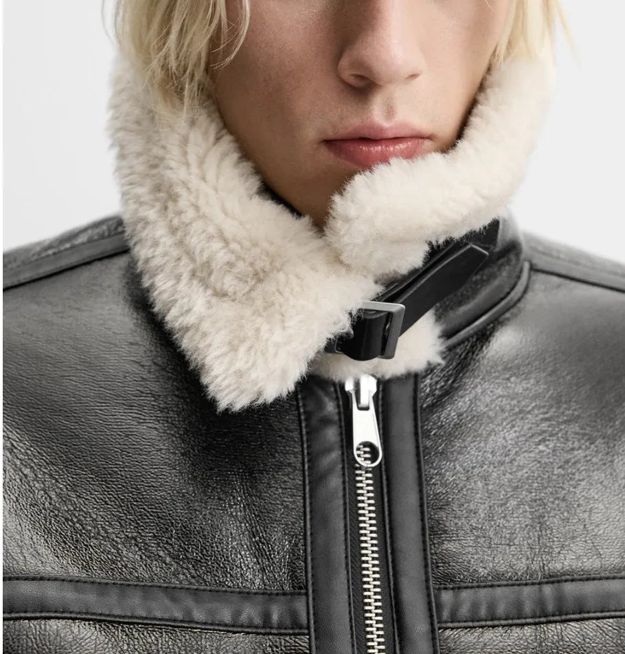 Men's Retro lapel Faux fur collar Integrated thermal PU leather Jacket