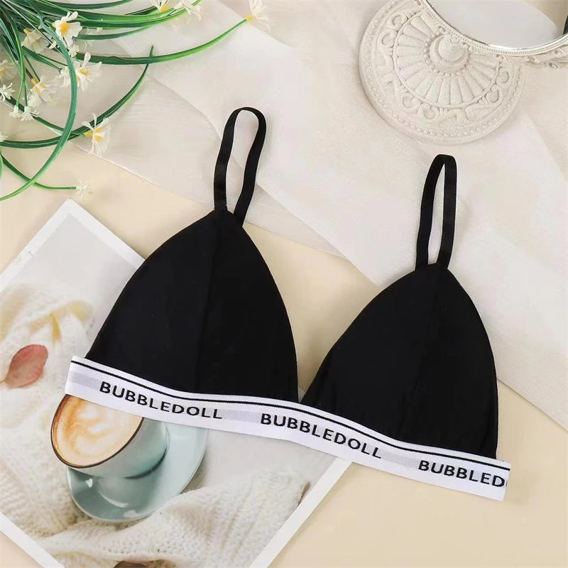 Women's Cotton Triangle Cups Bra Deep V Padded Brassiere Underwear Letter Push Up Lingerie Bra