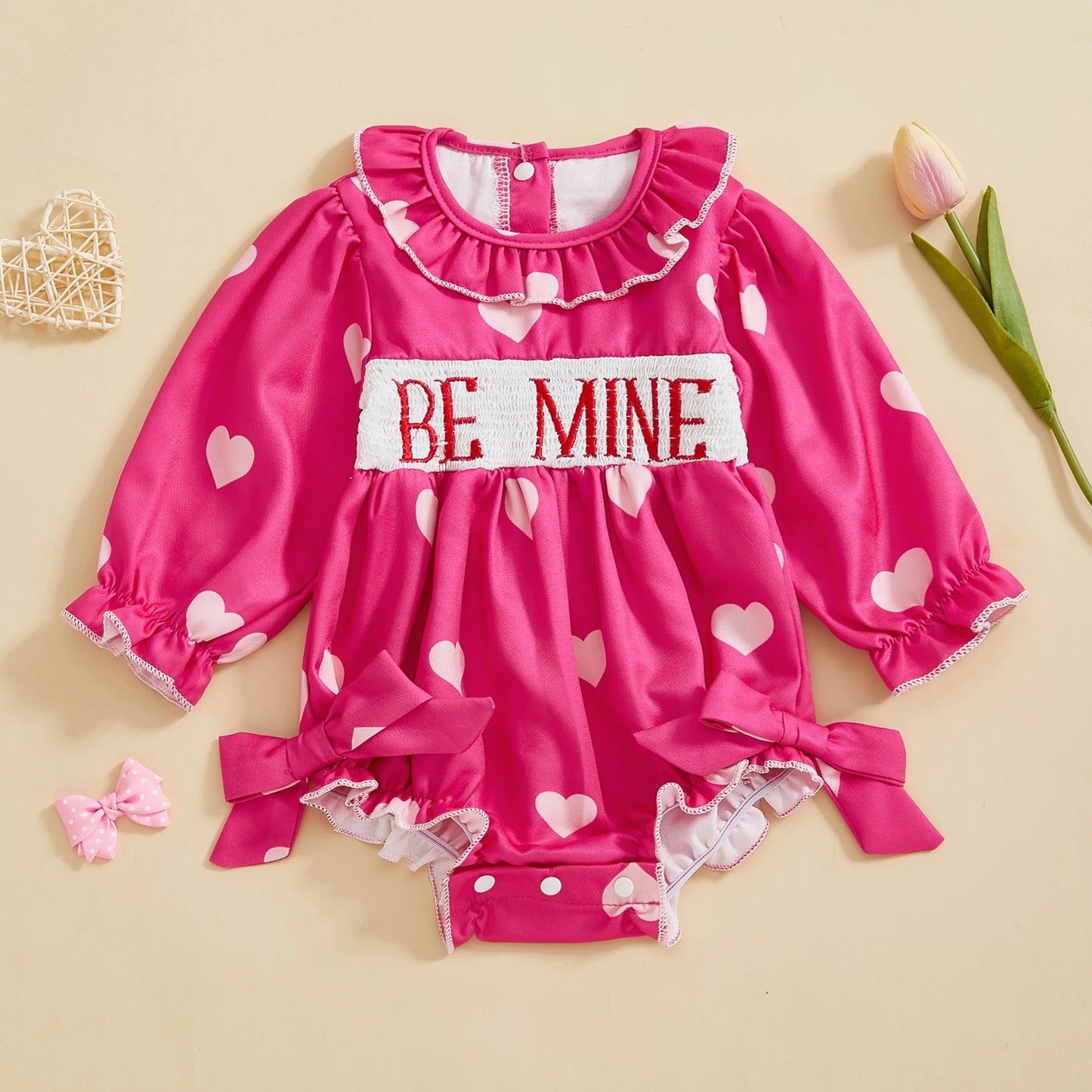 Baby Girls Valentine's Day Romper - Heart Print with Letter Embroidery & Bow (0-24M)