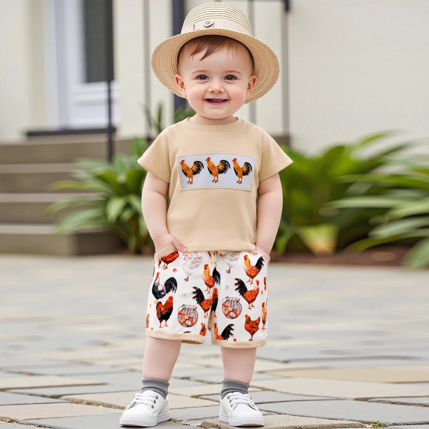 0-4Y Toddler Kids Boys Clothes Sets Rooster Embroidery Short Sleeve T-shirts Elastic Waist Shorts 2PCS