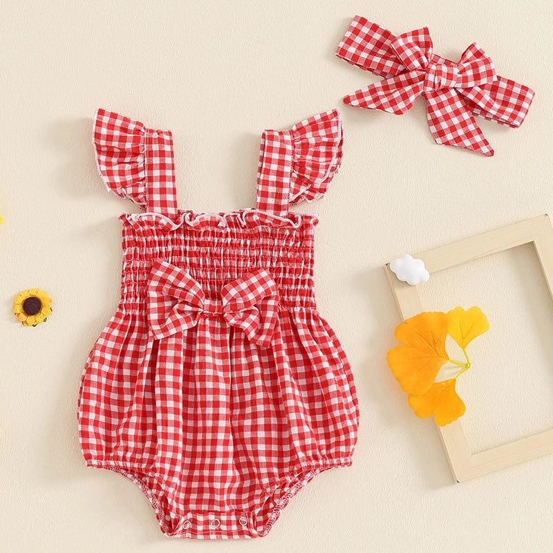 0-18M Baby Girls Summer Romper Outfits Fly Sleeve Plaid Print Ruffles Bowknot Jumpsuits with Headband