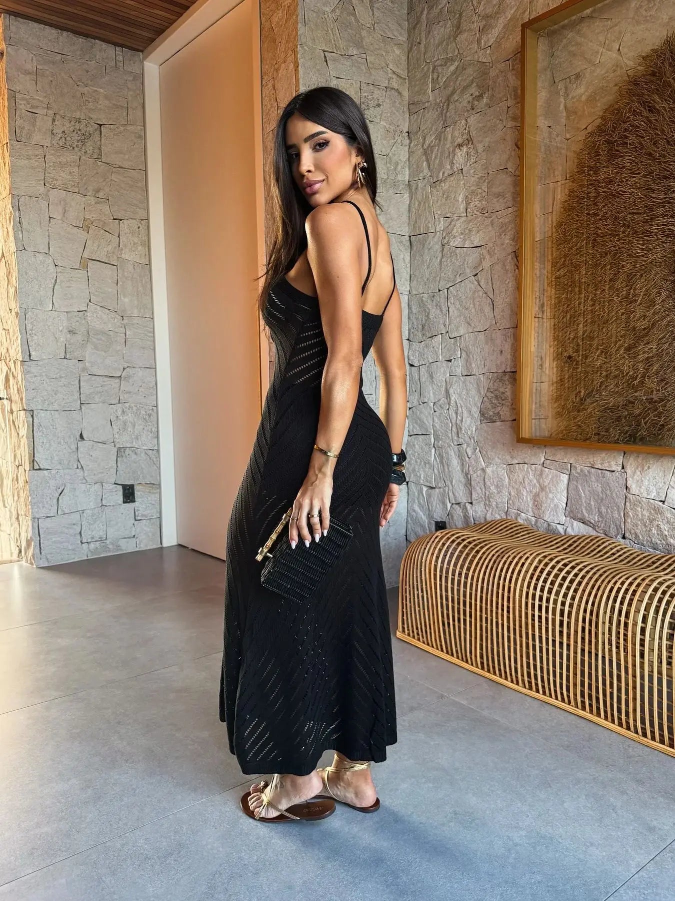 Halter Crochet Maxi Dress with Long Sleeves