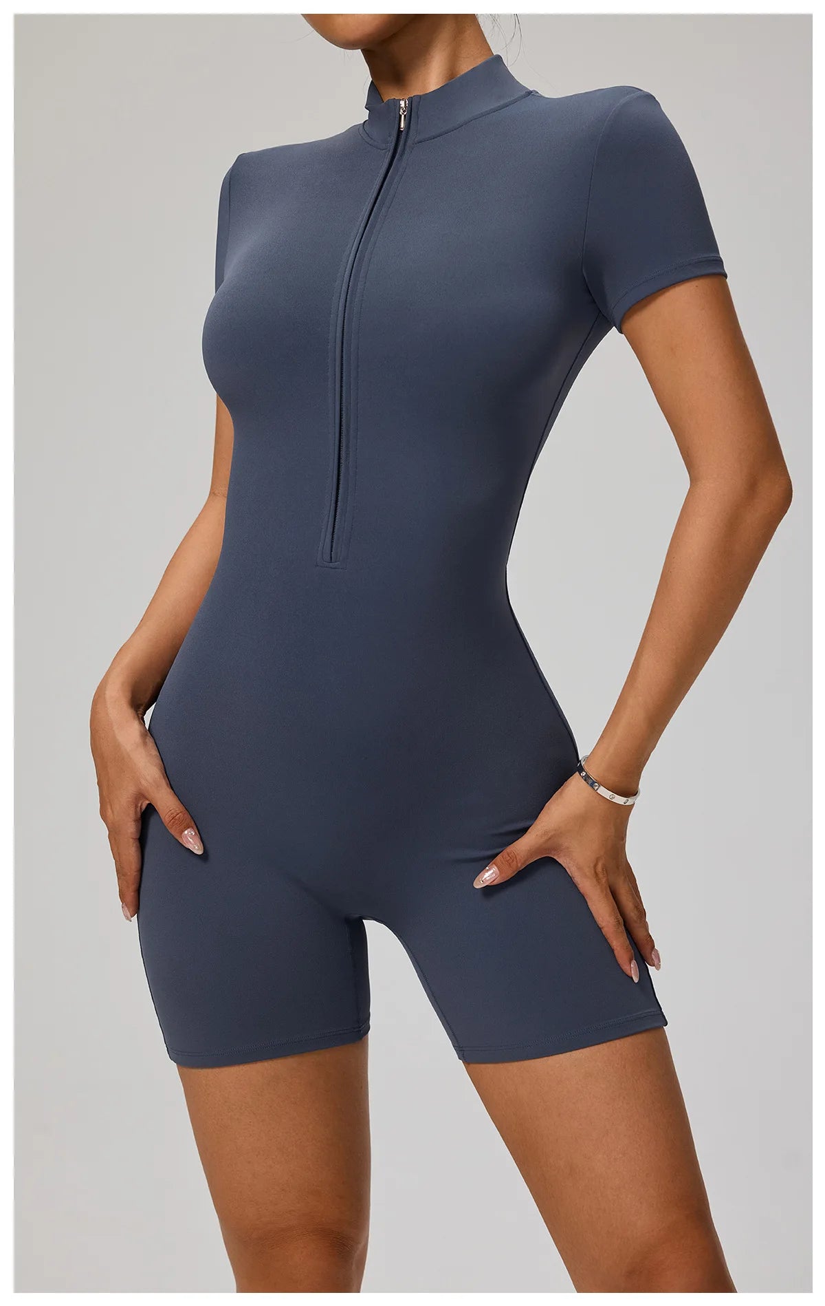 Zipper Front Jumpsuit - Short Sleeve Nylon Workout Set for Gym & Yoga