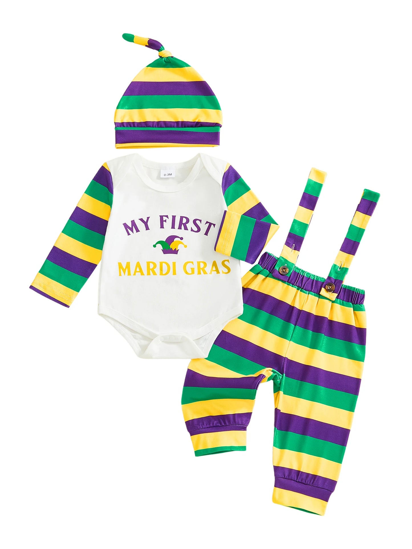 Newborn Baby Boys Outfit Set - Letter Print Striped Romper with Suspender Pants & Cap 0-12M