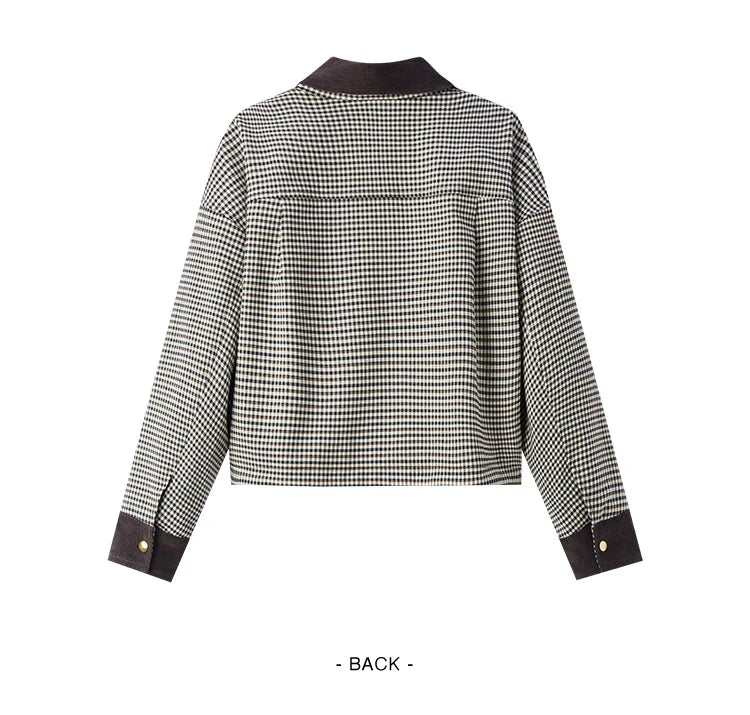 Women's Cropped Plaid Jacket - Turn Collar Loose Fit Autumn Fashion Coat