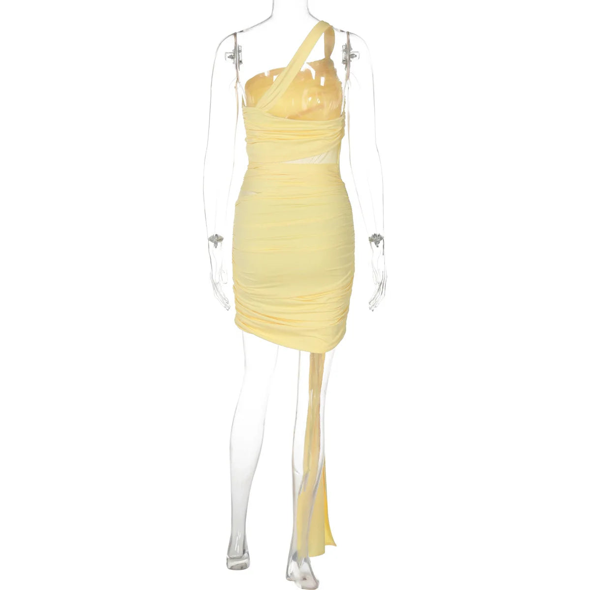 Women's Asymmetrical Bodycon Mini Dress - Ruched Mesh Patchwork Dress