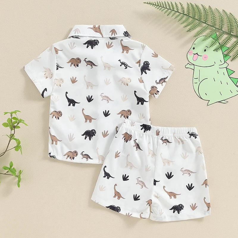 0-3Y Toddler Baby Boys Summer Clothes Sets 2pcs - Short Sleeve Dinosaur Print Button Up Top and Shorts Set