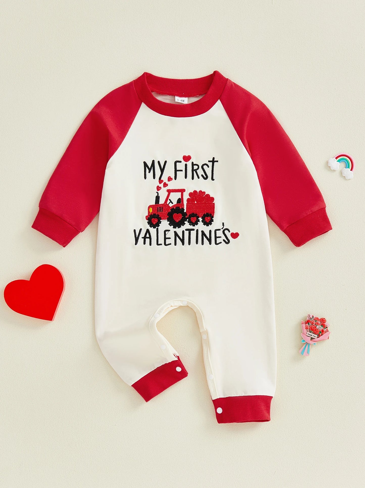 Newborn Baby Boys Valentine's Romper - Love Heart Tractor Embroidery