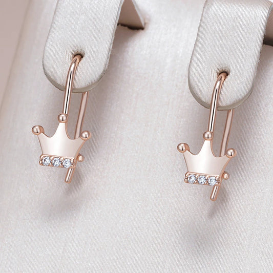 Rose Gold Crown Earrings for Children - Natural Zircon Crystal Studs