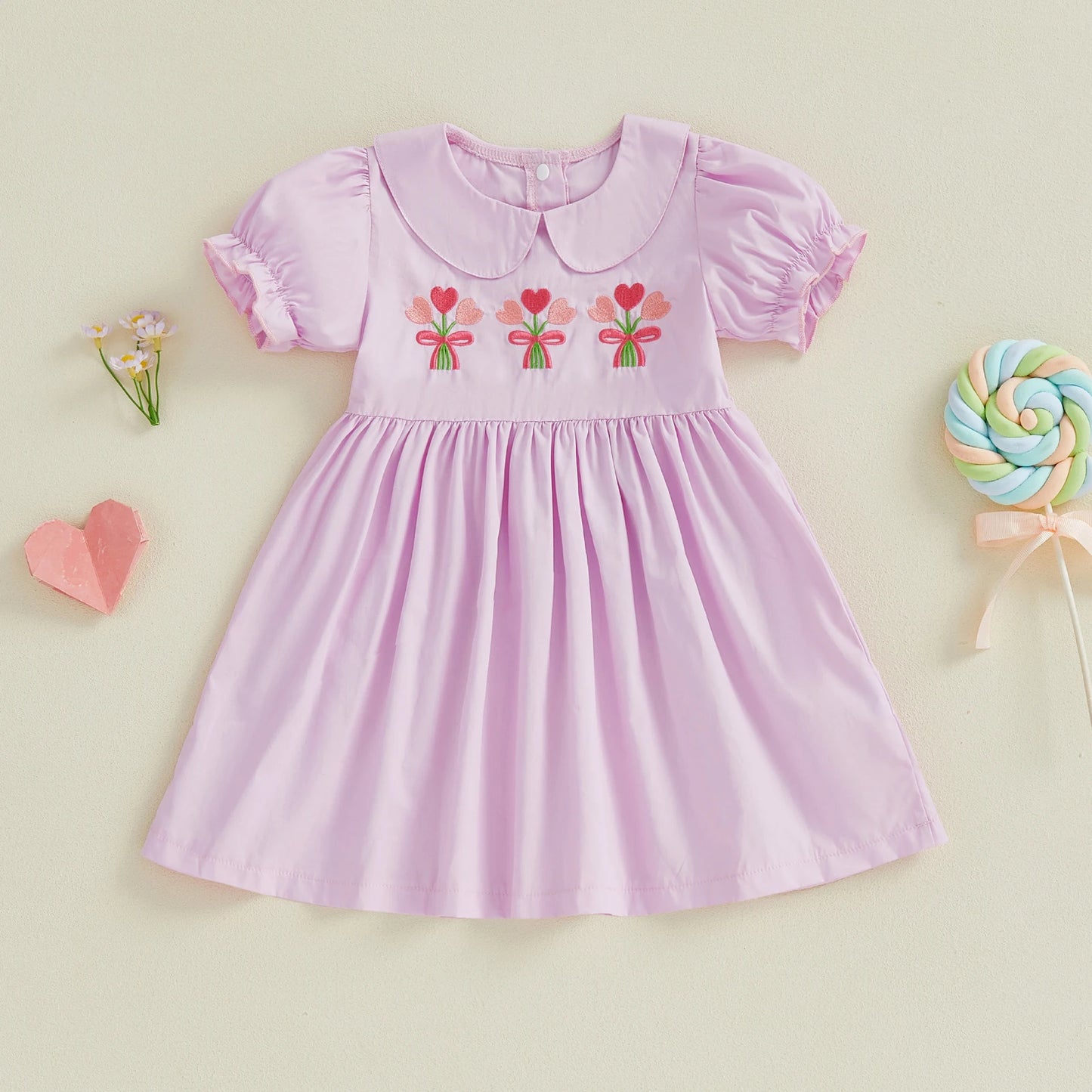 Girls Princess A-Line Dress - Floral Embroidery Doll Collar Short Sleeve