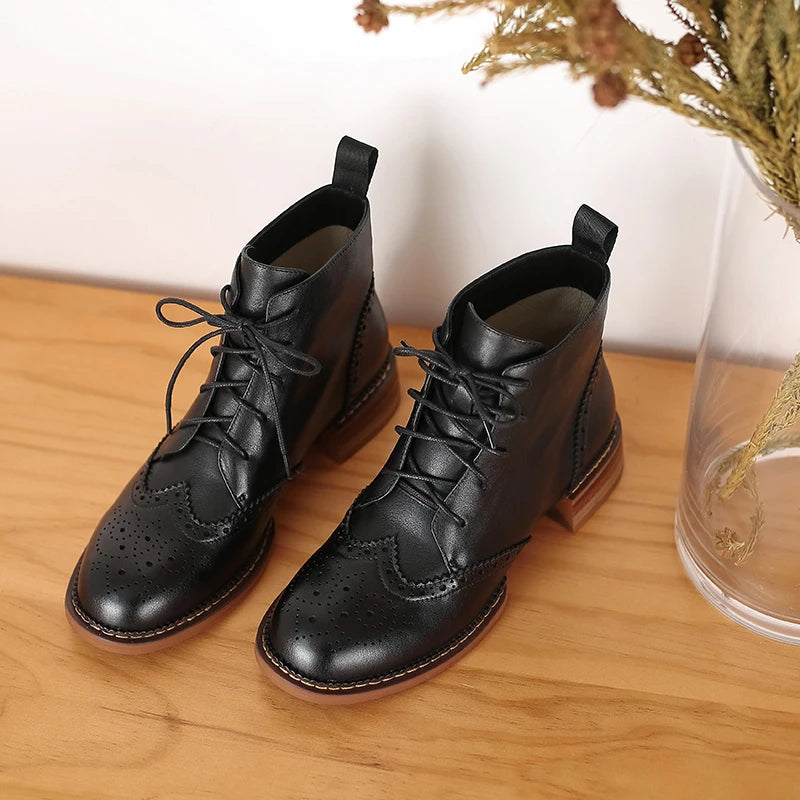 Women's Round Toe Low Heels Cross-Tied Genuine Leather Platform Ankle Boots