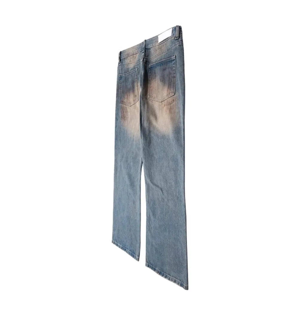 Men's Washed Stained Sprayed Distressed Dirty Frayed Loose Denim Jeans