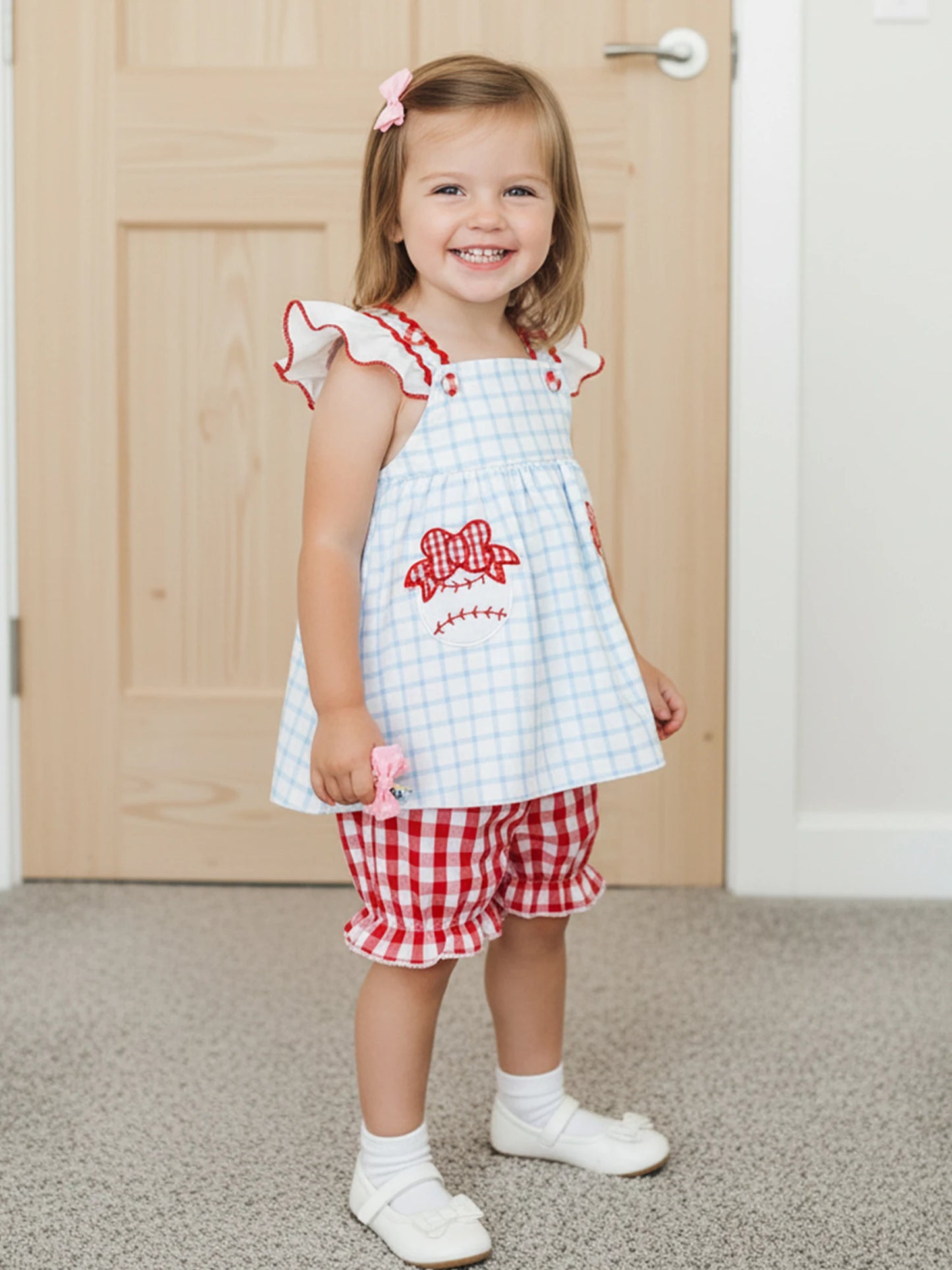 Toddler Girls 2-Piece Outfit Set - Plaid Baseball Embroidery Top & Shorts