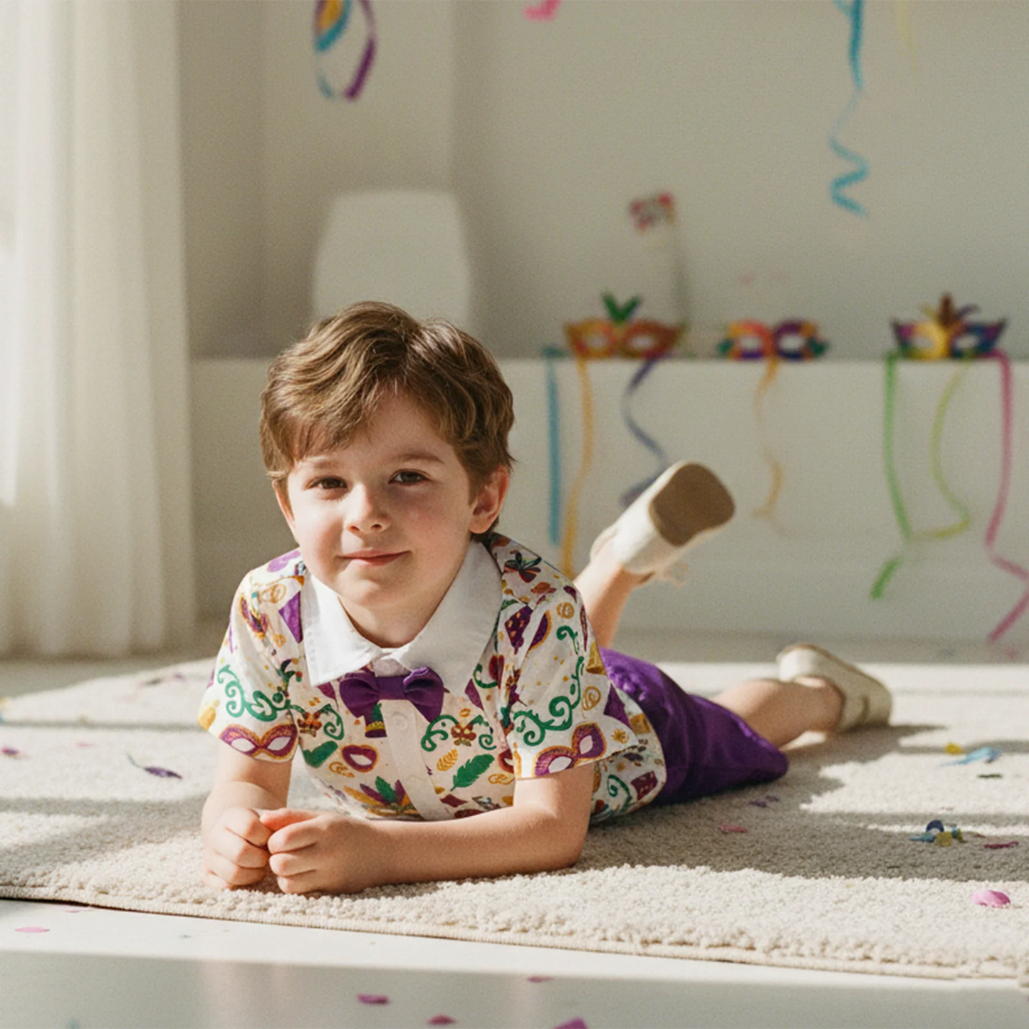 Toddler Boys Gentleman Outfit Set - Cartoon Print Collared Shirt with Bowtie & Shorts 1-6Y