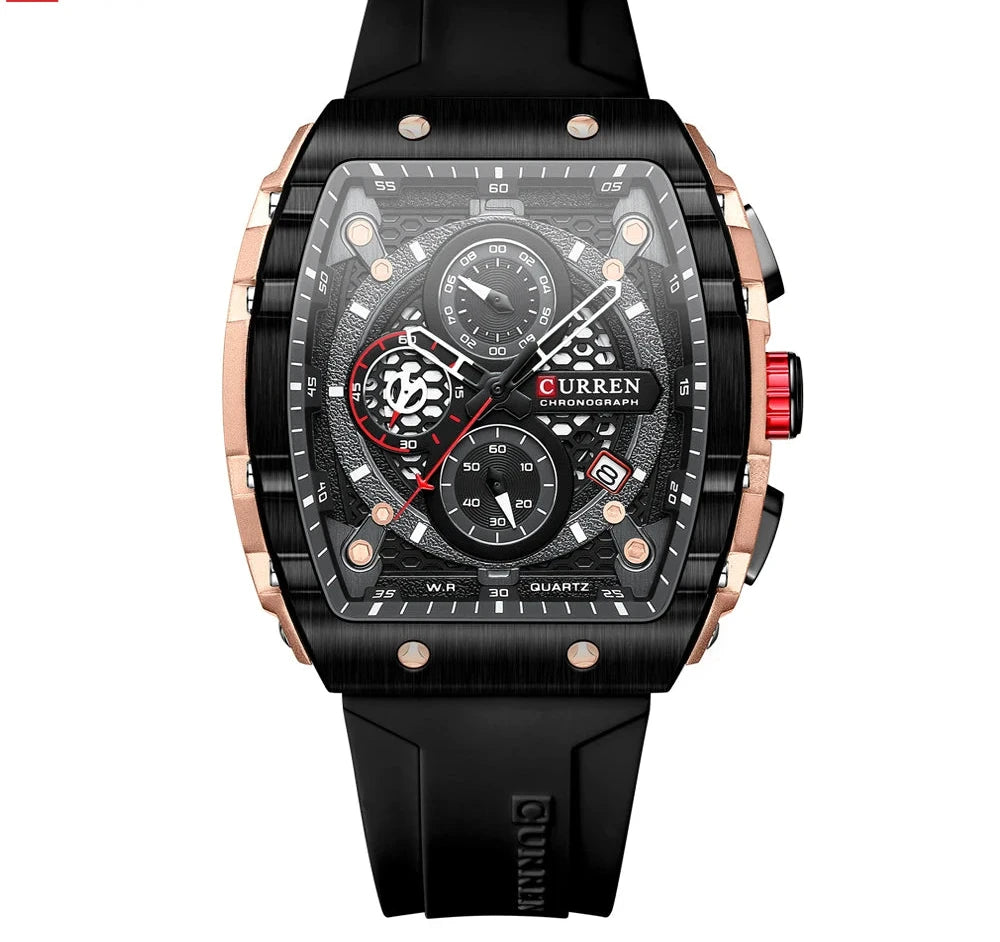 Tonneau Dial Sport Watch - Waterproof Quartz with Auto Date & Yellow Silicone Strap