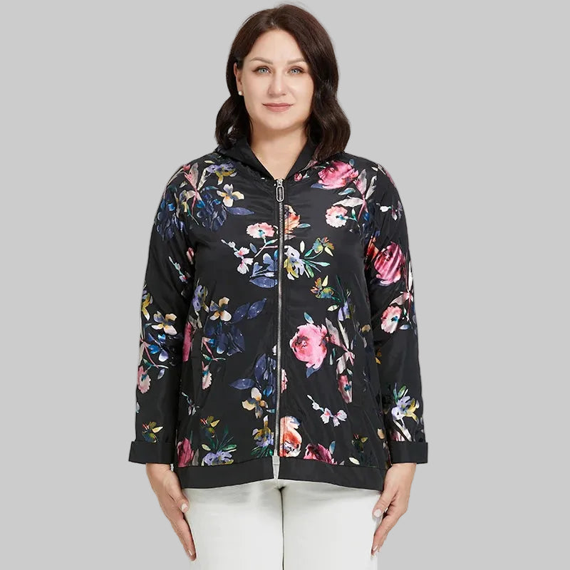 Women's Oversized Hooded Flower Print Zip Windbreaker Jacket
