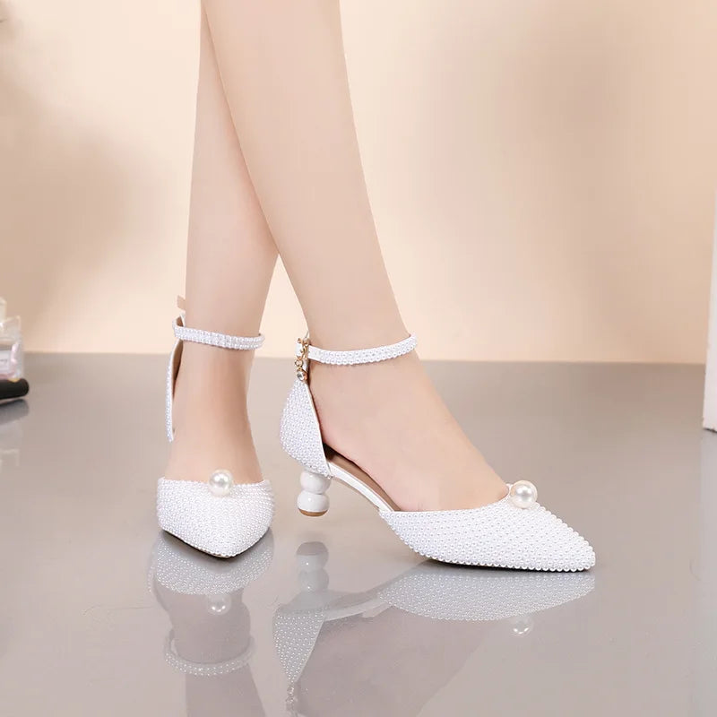 Women's 5cm Round Heel Shaped Heel Pearl Sandals