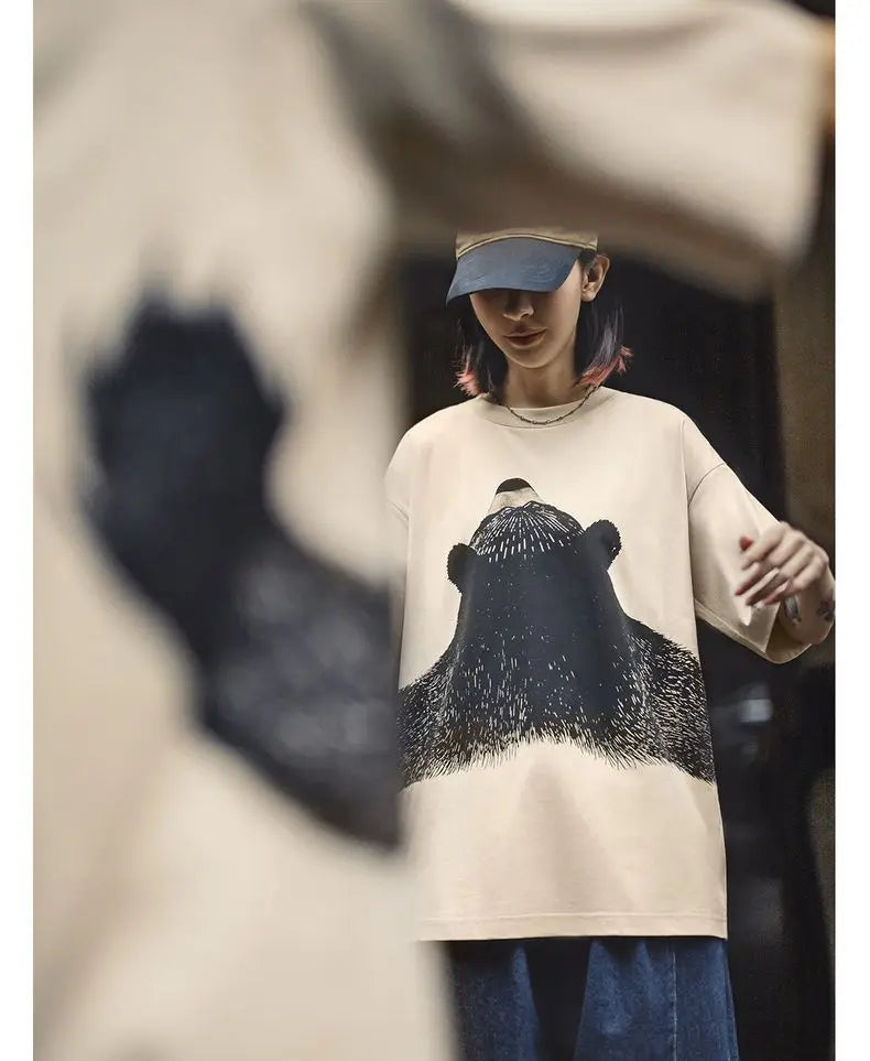 Women's Apricot Bear Print Oversized T-Shirt - Cute Loose Fit Ribbed Crew Neck Summer Tee