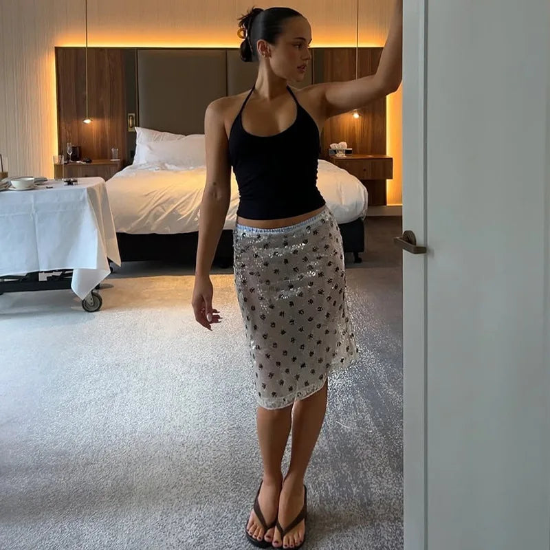 Women's Sequined Dots Lace Trim Y2K Mini Skirt - Low Rise Summer Bottom