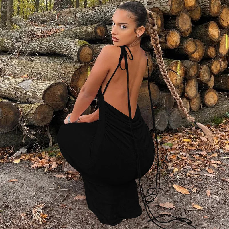 Women's Backless Draped Maxi  Party Sleeveless Knit Ruched Long Dress
