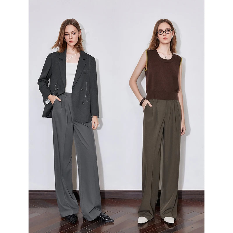 Women's High Waist Straight Leg Suit Trousers with Pockets | Brown