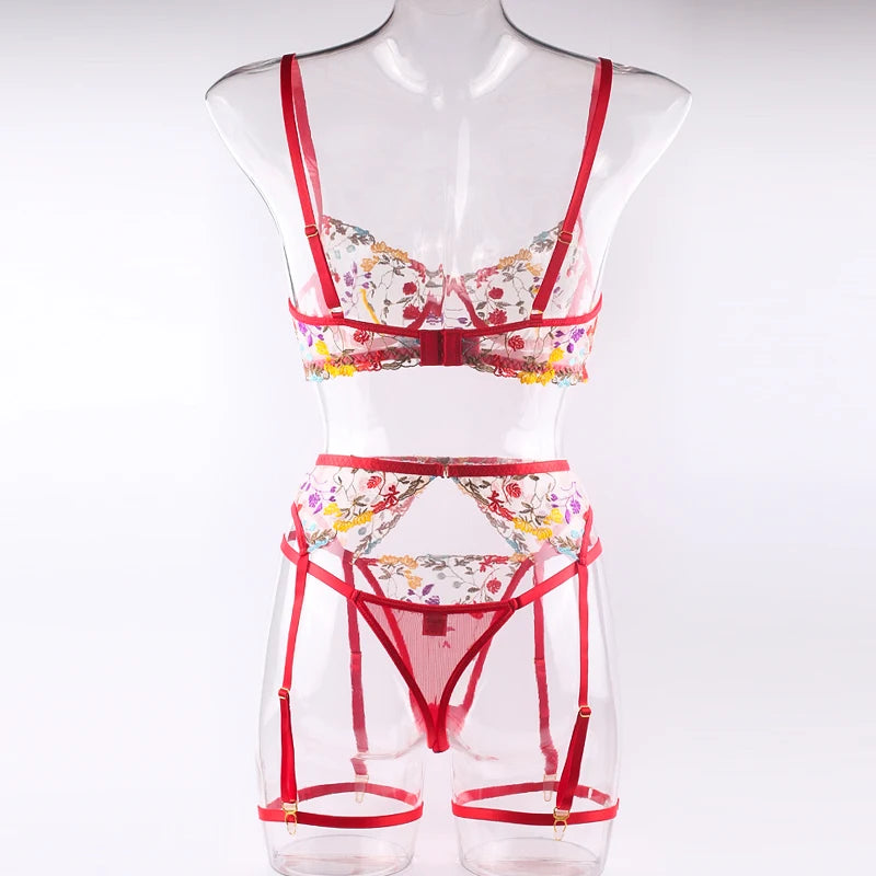 Women's Lace Transparent Embroidery 3-Piece Garters Lingerie Set