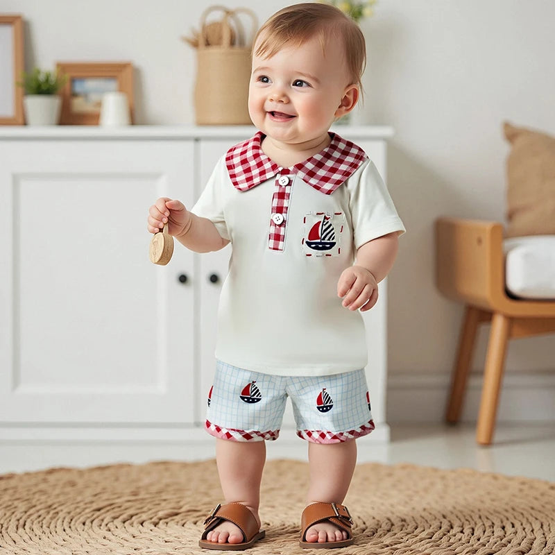 Baby Boys' Independence Day Outfit Set - Plaid Short Sleeve Shirt & Sailboat Shorts