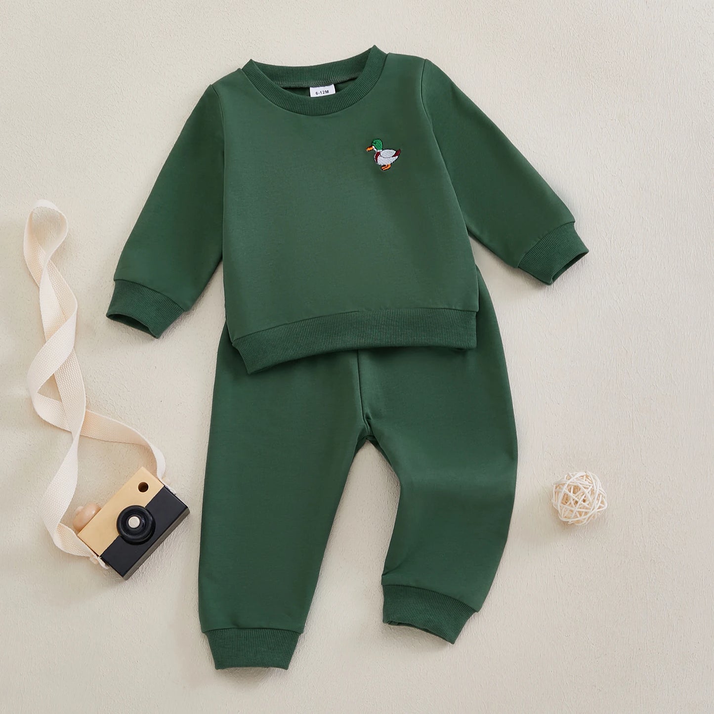 0-4Y Infant Baby Boys Fall Clothes Sets 2pcs Duck Embroidery Long Sleeve Crew Neck Tops with Elastic Waist Pants