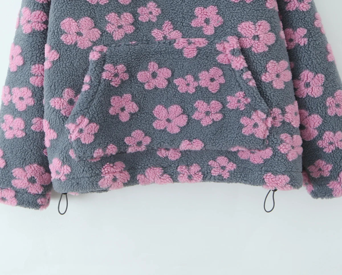 Lambswool Floral Sweatshirt - High Neck Long Sleeve Warm Pullover