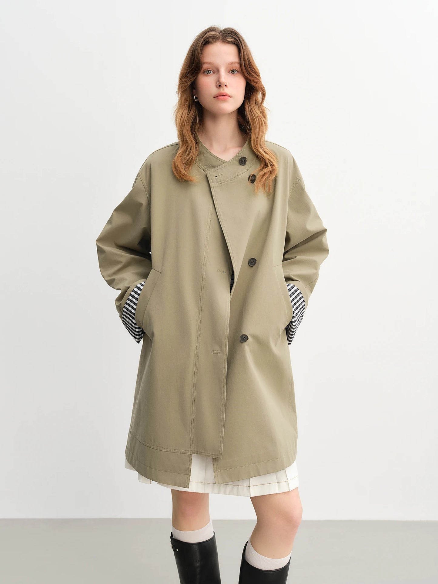 Stand Collar Trench Coat - Plaid Patchwork Relaxed Fit Windbreaker